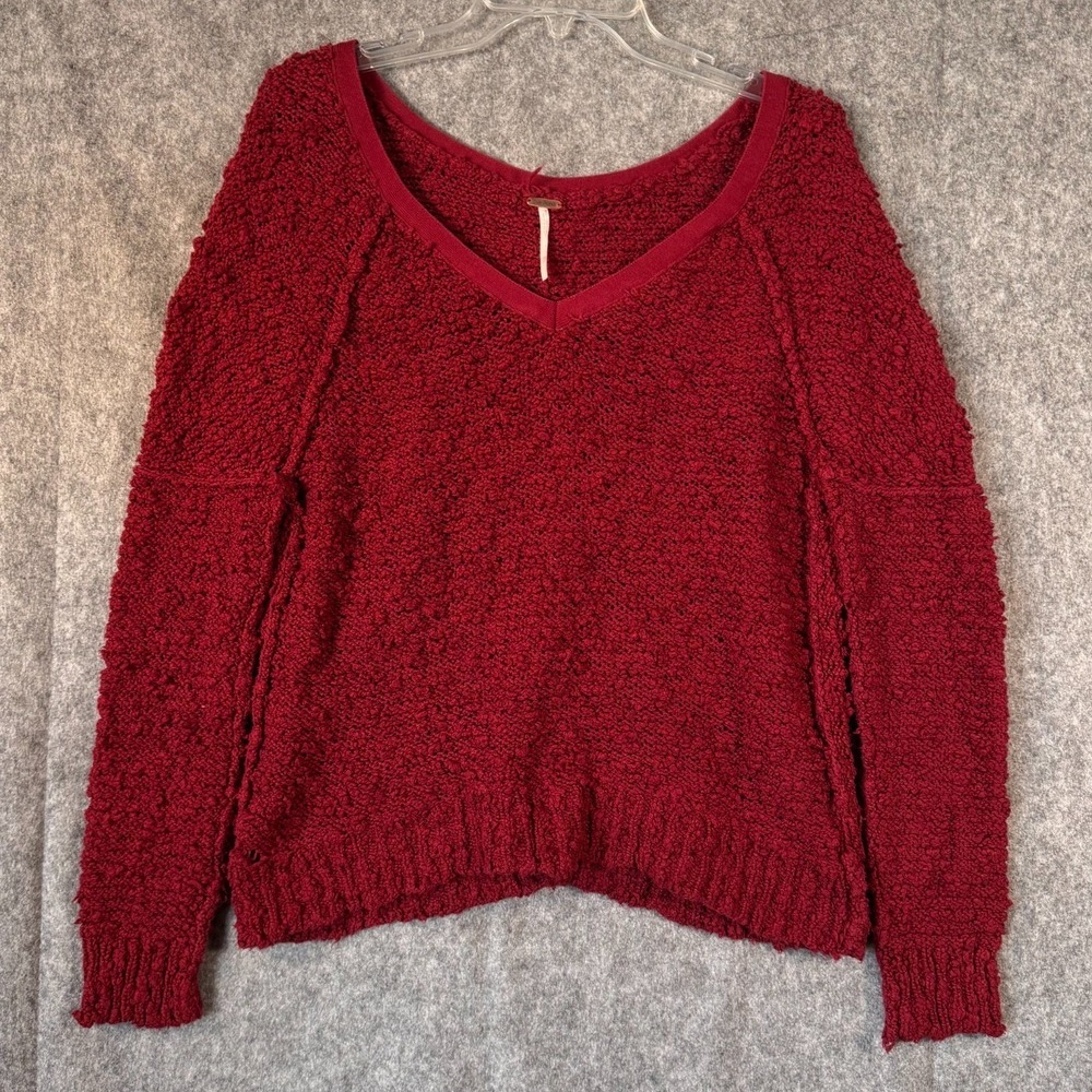 FREE PEOPLE Songbird Boucle Sweater Oversized V-neck Burgundy Size XS Slouchy